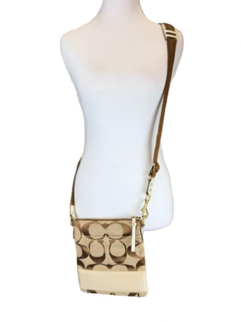Coach Signature File Crossbody Bag Khaki Brown Jacquard Canvas Small Minimalist